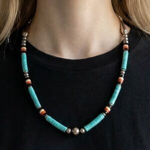 Sterling Silver Navajo Pearls Southwestern Vintage Style Turquoise Onyx Necklace
